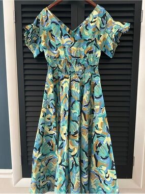 Lili Sidonio x Molly Bracken Geo Smocked Dress Mint Jeanne Midi